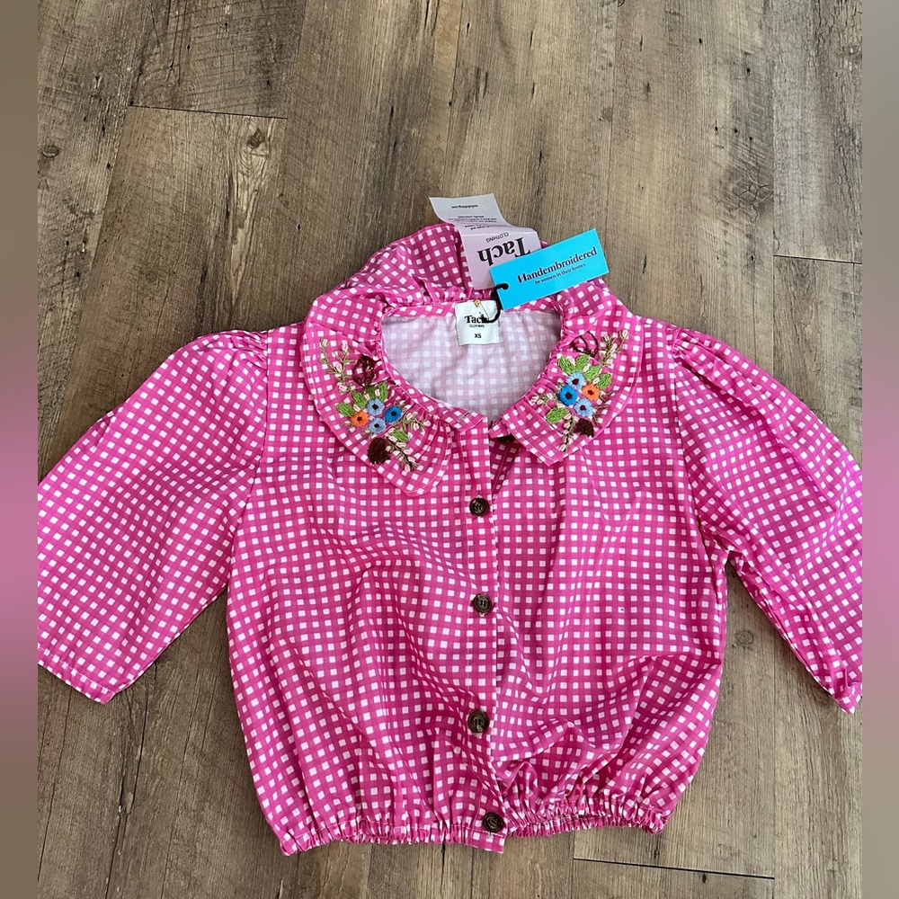 Tach clothing gingham button up top with embroidery Peter Pan collar